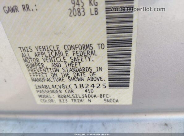 1N4BL4CV8LC182425 2020 NISSAN ALTIMA Silver Vista del compartimento del motor