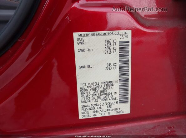 1N4BL4CV8LC230828 2020 NISSAN ALTIMA Red ძრავის განყოფილების ხედი