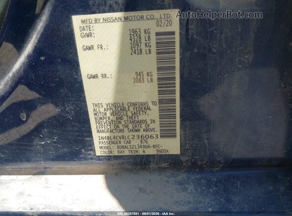 1N4BL4CV8LC236063 2020 NISSAN ALTIMA Blue Vista del compartimento del motor