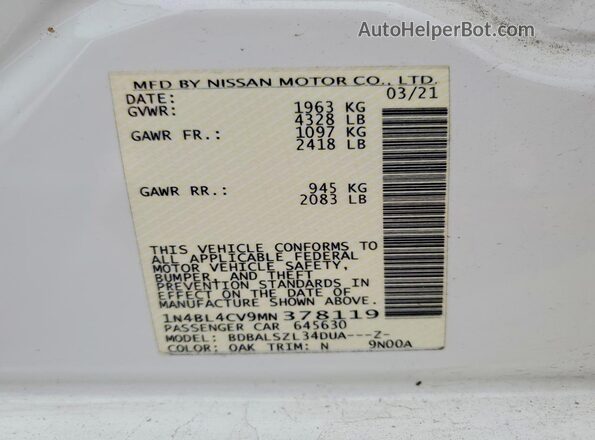 1N4BL4CV9MN378119 2021 NISSAN ALTIMA White Engine compartment view
