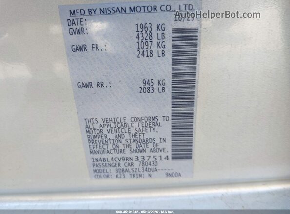 1N4BL4CV9RN337514 2024 NISSAN ALTIMA Silver Вид підкапотного простору