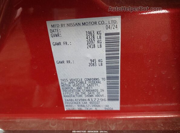 1N4BL4CV9RN417296 2024 NISSAN ALTIMA Red Շարժիչի բաժամունքի տեսք