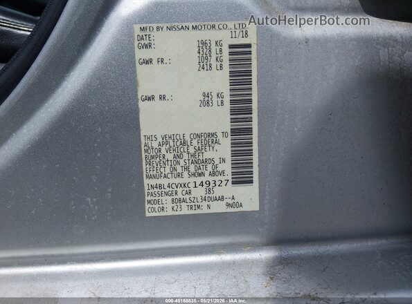 1N4BL4CVXKC149327 2019 NISSAN ALTIMA Silver Շարժիչի բաժամունքի տեսք