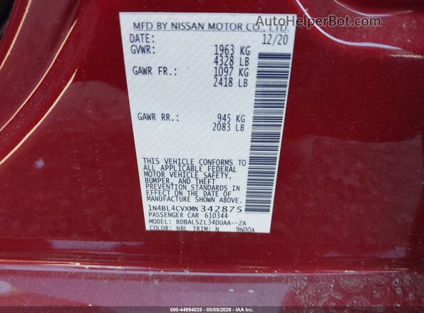 1N4BL4CVXMN342875 2021 NISSAN ALTIMA Red Engine compartment view