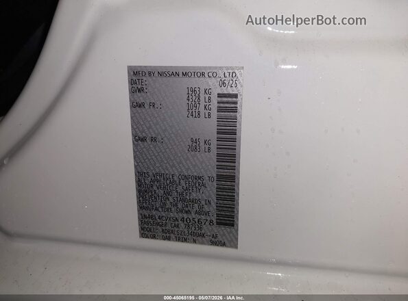 1N4BL4CVXSN405678 2025 NISSAN ALTIMA White Вид підкапотного простору