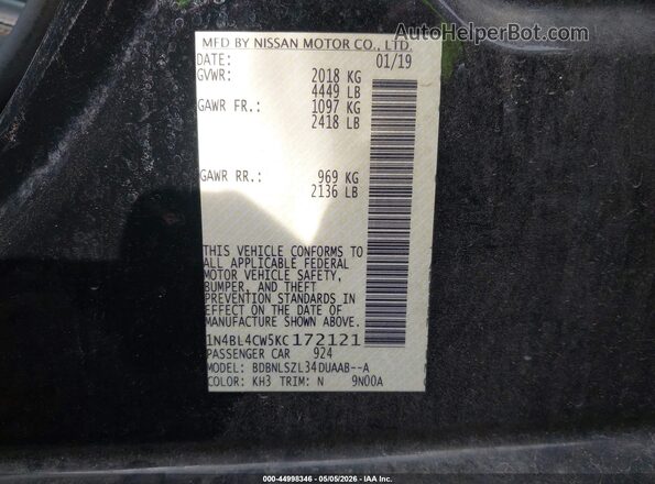 1N4BL4CW5KC172121 2019 NISSAN ALTIMA Black ძრავის განყოფილების ხედი