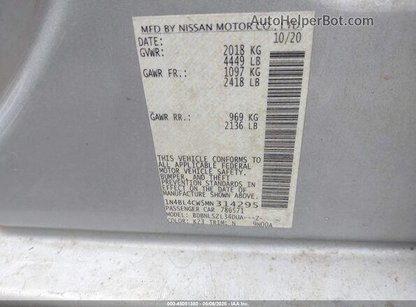 1N4BL4CW5MN314295 2021 NISSAN ALTIMA Серебряный Вид подкапотного пространства