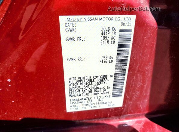 1N4BL4CW7LC117395 2020 NISSAN ALTIMA Бордовый Вид подкапотного пространства