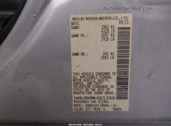1N4BL4DV0MN405366 2021 NISSAN ALTIMA Silver Շարժիչի բաժամունքի տեսք
