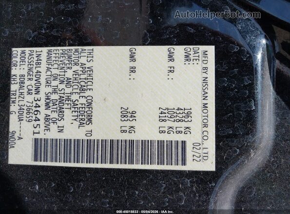 1N4BL4DV0NN346451 2022 NISSAN ALTIMA Black Вид підкапотного простору