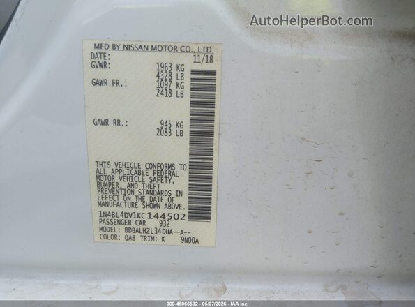 1N4BL4DV1KC144502 2019 NISSAN ALTIMA White Вид підкапотного простору
