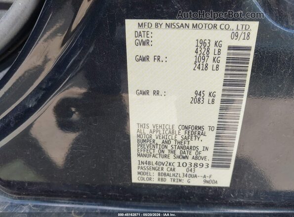 1N4BL4DV2KC103893 2019 NISSAN ALTIMA Серый Вид подкапотного пространства