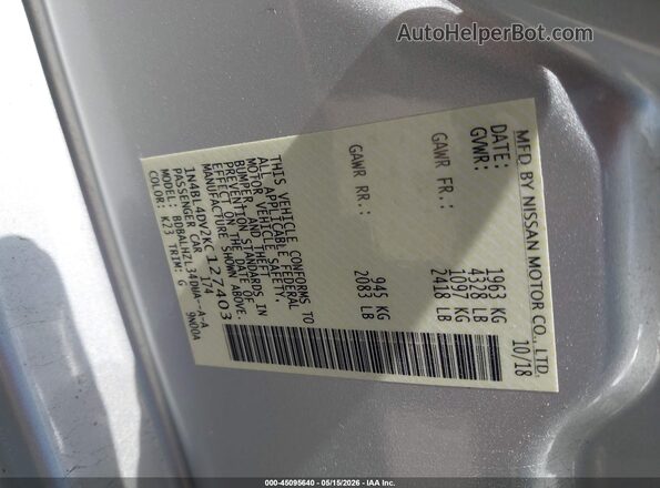 1N4BL4DV2KC127403 2019 NISSAN ALTIMA Silver Widok komory silnika
