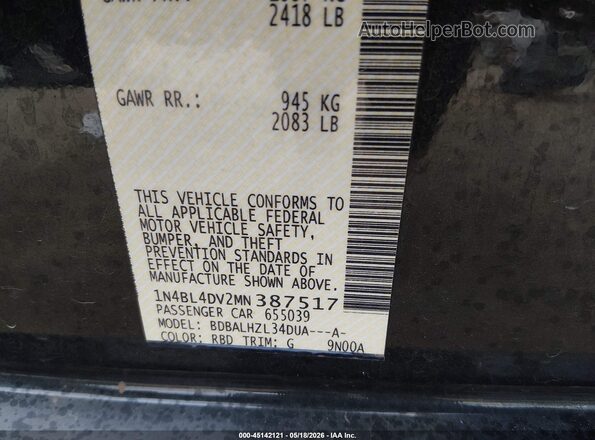 1N4BL4DV2MN387517 2021 NISSAN ALTIMA Blue Vista del compartimento del motor