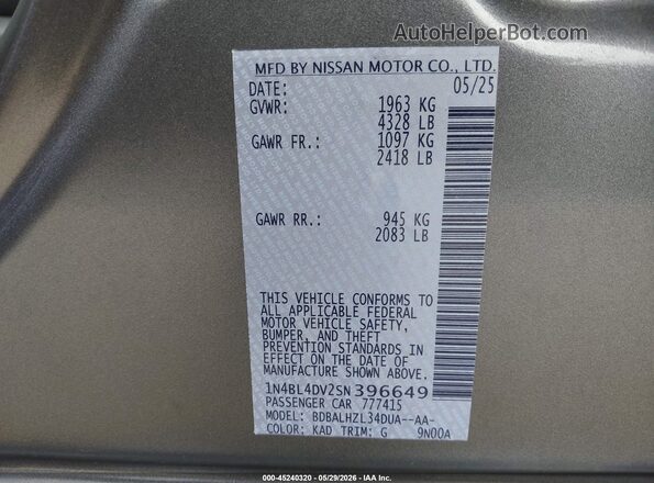 1N4BL4DV2SN396649 2025 NISSAN ALTIMA Gray Engine compartment view