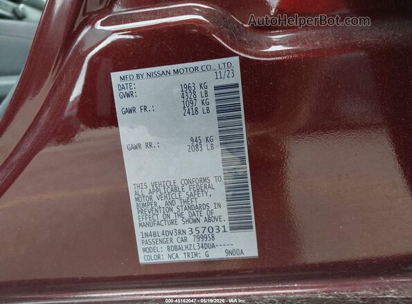 1N4BL4DV3RN357031 2024 NISSAN ALTIMA Maroon Вид підкапотного простору