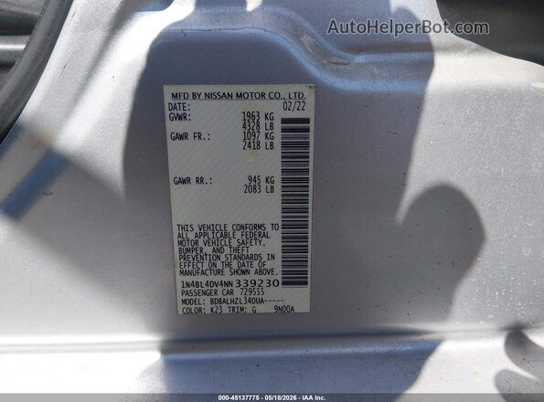 1N4BL4DV4NN339230 2022 NISSAN ALTIMA Silver ძრავის განყოფილების ხედი