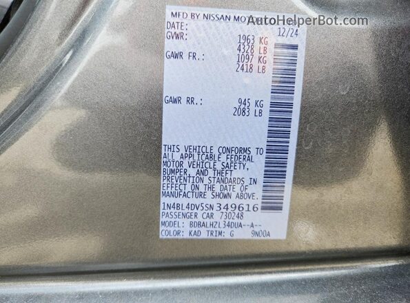 1N4BL4DV5SN349616 2025 NISSAN ALTIMA Gray Շարժիչի բաժամունքի տեսք