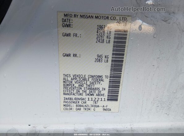 1N4BL4DV6KC112211 2019 NISSAN ALTIMA White ძრავის განყოფილების ხედი