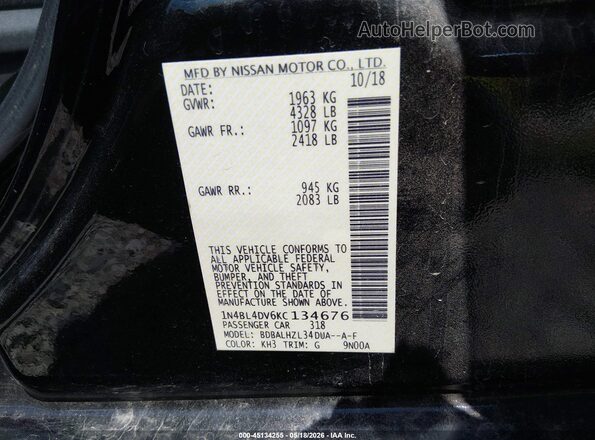 1N4BL4DV6KC134676 2019 NISSAN ALTIMA Черный Вид подкапотного пространства