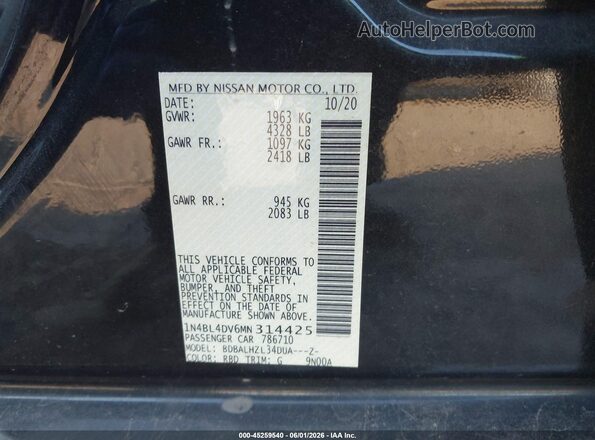 1N4BL4DV6MN314425 2021 NISSAN ALTIMA Черный Вид подкапотного пространства