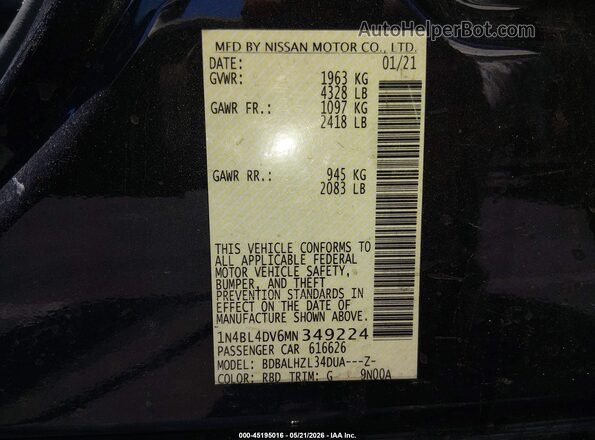 1N4BL4DV6MN349224 2021 NISSAN ALTIMA Черный Вид подкапотного пространства