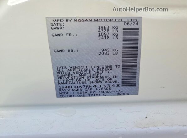 1N4BL4DV7RN433348 2024 NISSAN ALTIMA White ძრავის განყოფილების ხედი