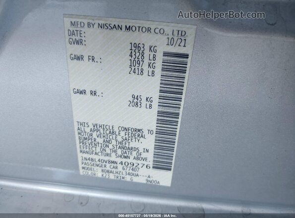 1N4BL4DV8MN409276 2021 NISSAN ALTIMA Silver Engine compartment view
