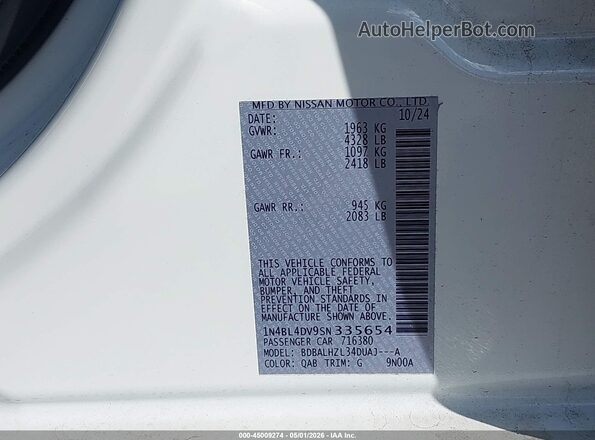 1N4BL4DV9SN335654 2025 NISSAN ALTIMA White Vista del compartimento del motor