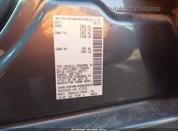 1N4BL4DVXMN406069 2021 NISSAN ALTIMA Gray Вид підкапотного простору