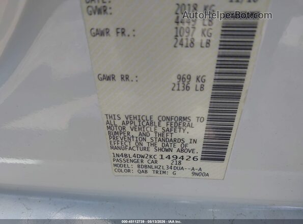 1N4BL4DW2KC149426 2019 NISSAN ALTIMA White Widok komory silnika