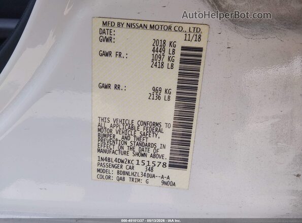 1N4BL4DW2KC151578 2019 NISSAN ALTIMA White 