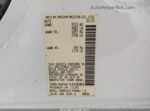 1N4BL4DW3NN340880 2022 NISSAN ALTIMA White Շարժիչի բաժամունքի տեսք