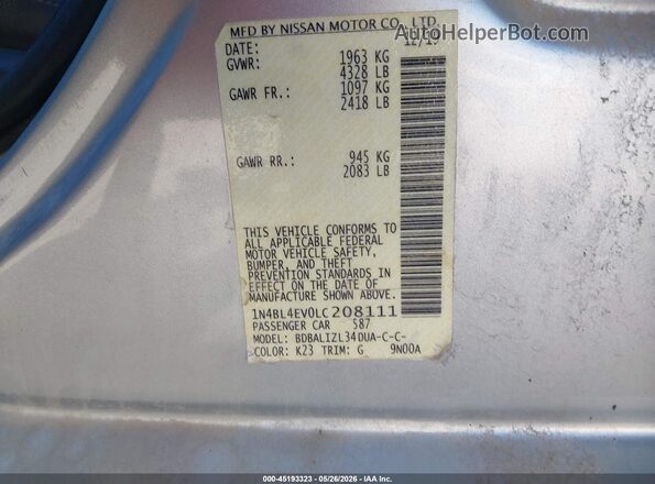 1N4BL4EV0LC208111 2020 NISSAN ALTIMA Серый Вид подкапотного пространства