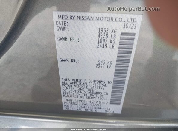 1N4BL4EV0SN427847 2025 NISSAN ALTIMA Gray Engine compartment view
