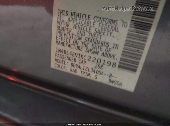 1N4BL4EV1KC220198 2019 NISSAN ALTIMA Gray Շարժիչի բաժամունքի տեսք
