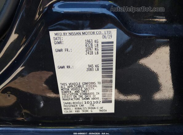 1N4BL4EV1LC101102 2020 NISSAN ALTIMA Black ძრავის განყოფილების ხედი