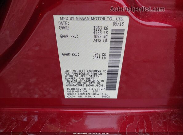 1N4BL4EV2KC106162 2019 NISSAN ALTIMA Red Engine compartment view