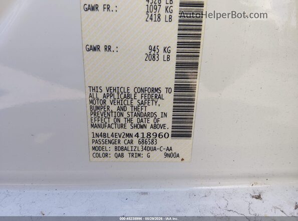 1N4BL4EV2MN418960 2021 NISSAN ALTIMA White Vista del compartimento del motor