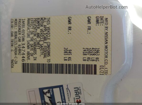 1N4BL4EV5MN347446 2021 NISSAN ALTIMA White Շարժիչի բաժամունքի տեսք