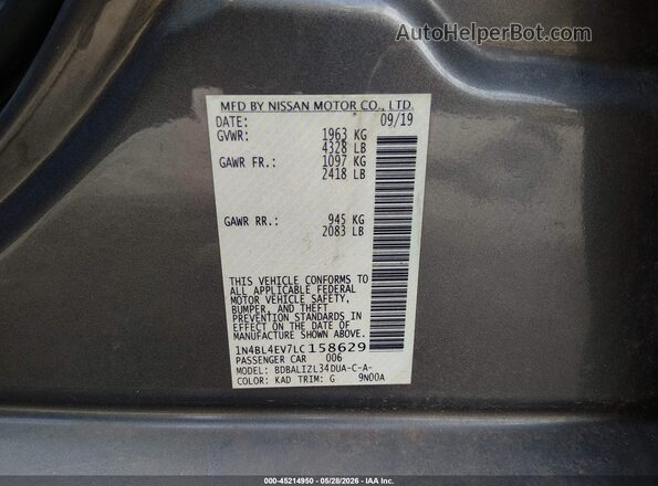 1N4BL4EV7LC158629 2020 NISSAN ALTIMA Gray 