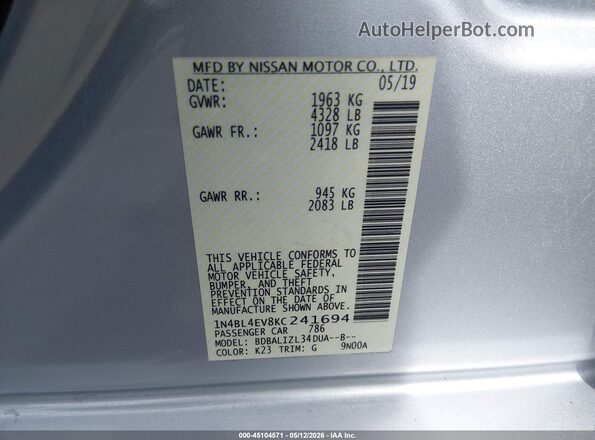 1N4BL4EV8KC241694 2019 NISSAN ALTIMA Silver Widok komory silnika