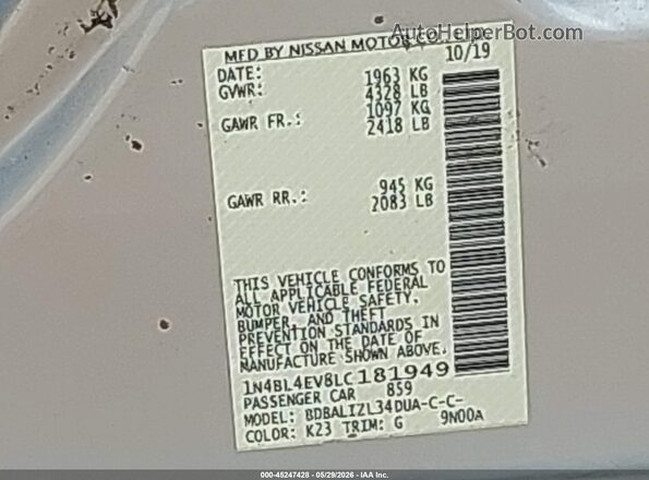 1N4BL4EV8LC181949 2020 NISSAN ALTIMA Silver Widok komory silnika