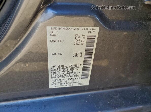 1N4BL4EVXKC226372 2019 NISSAN ALTIMA Gray Вид підкапотного простору
