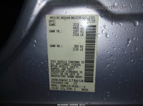 1N4BL4EW5KC178658 2019 NISSAN ALTIMA Silver Widok komory silnika