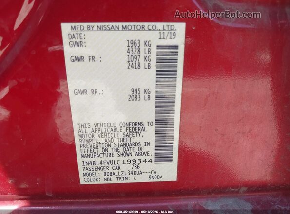 1N4BL4FV0LC199344 2020 NISSAN ALTIMA Красный 