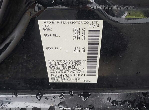 1N4BL4FV7KC105071 2019 NISSAN ALTIMA Black ძრავის განყოფილების ხედი