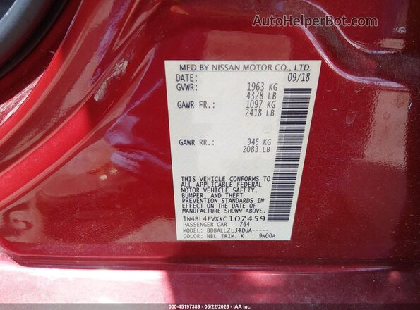 1N4BL4FVXKC107459 2019 NISSAN ALTIMA Red ძრავის განყოფილების ხედი
