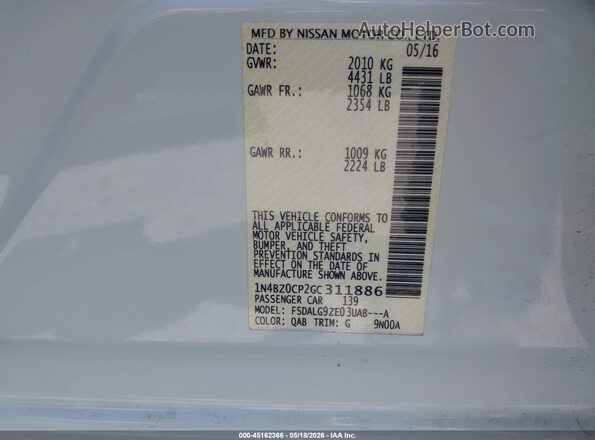1N4BZ0CP2GC311886 2016 NISSAN LEAF White Vista del compartimento del motor