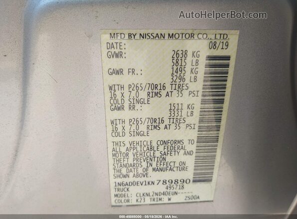 1N6AD0EV1KN789890 2019 NISSAN FRONTIER Silver Vista del compartimento del motor